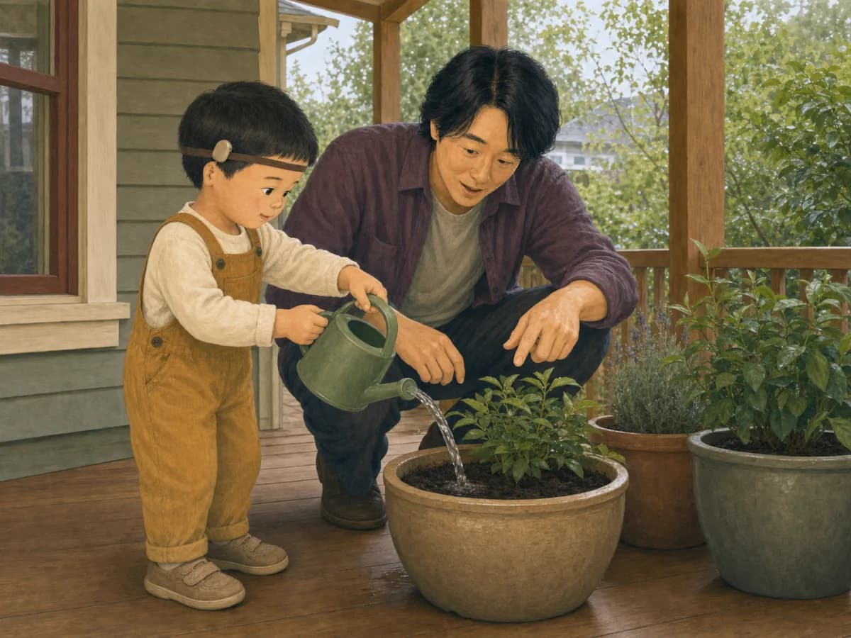 A father and his toddler son, who wears a bone-anchored hearing aid on a softband, watering a potted plant together with a watering can on their porch.