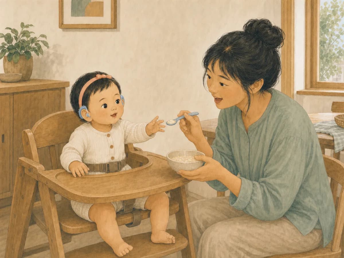 A baby wearing hearing aids reaches from her high chair for the spoon as her mother talks with her over breakfast.