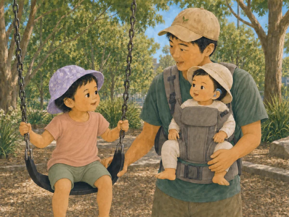A father at the park with his young daughter on a tire swing and his baby, who wears a hearing aid, in a front carrier.