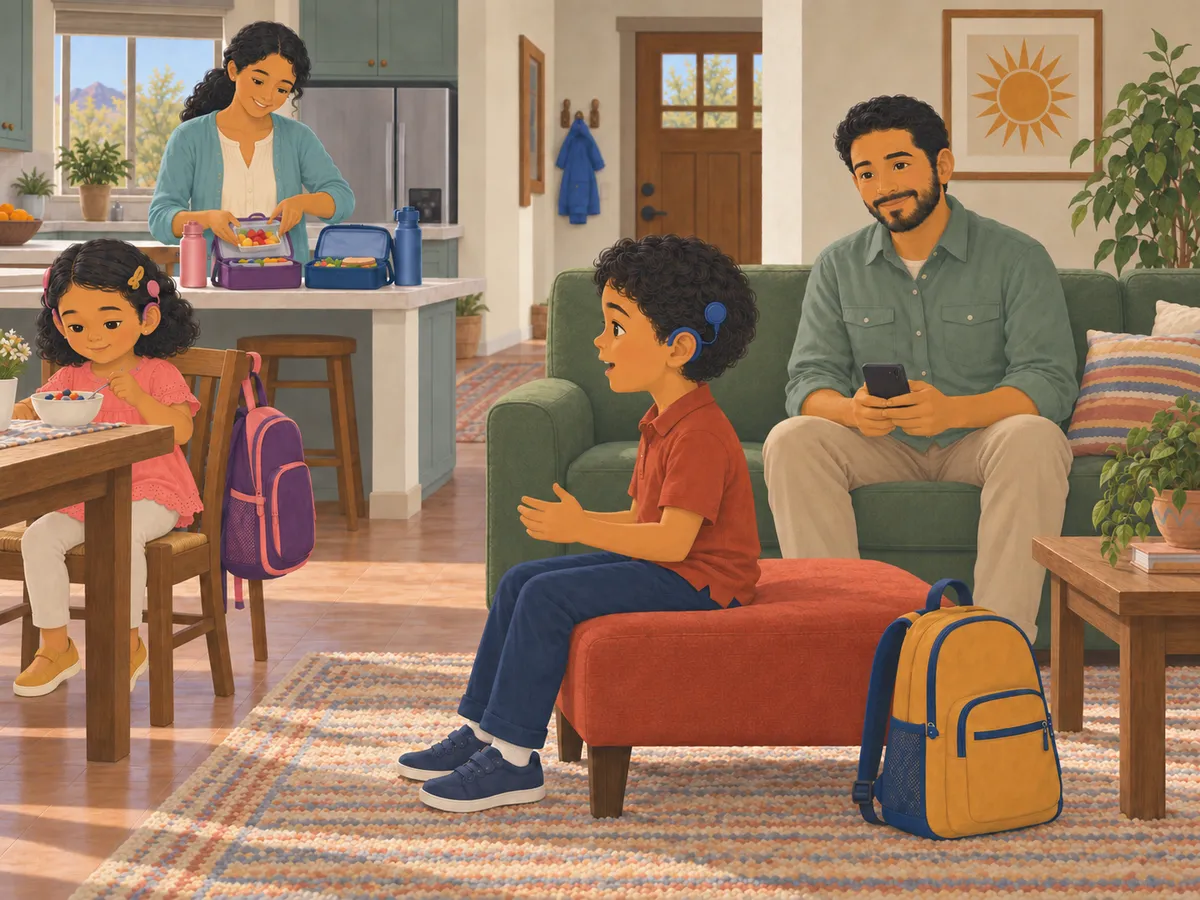 Mateo, wearing a navy cochlear implant, does a listening check with his dad before school.