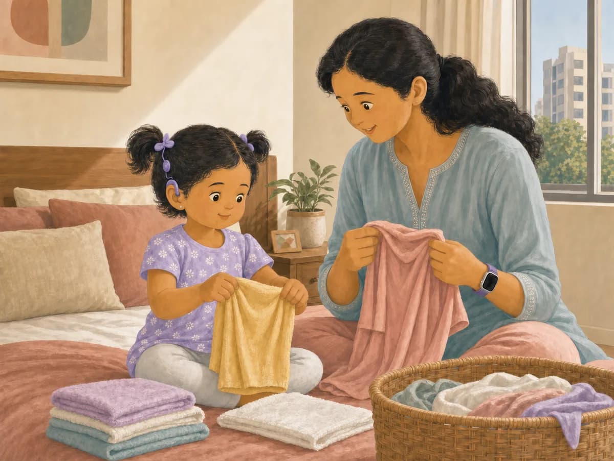 A mother and her toddler daughter folding laundry together on a bed at home.
