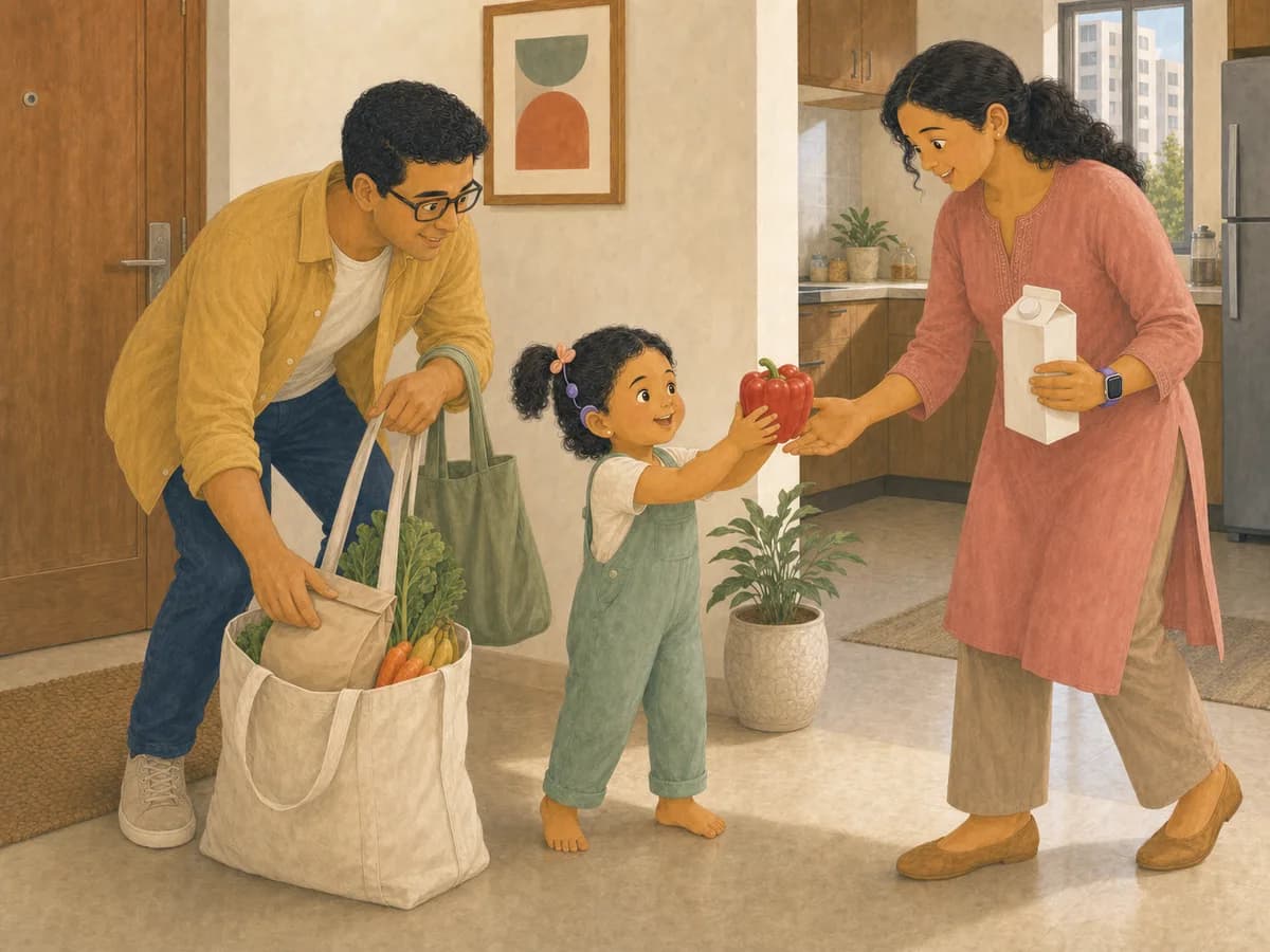 A toddler wearing a cochlear implant excitedly hands her mother a red pepper while her father unpacks the grocery bags at home.