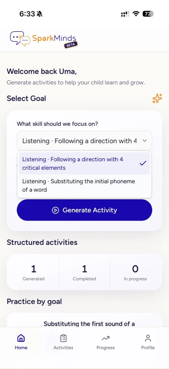 SparkMinds app home screen: choosing a listening goal