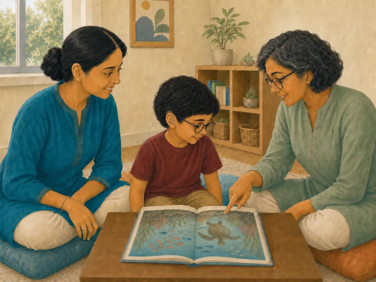 A boy wearing a hearing aid looks at a picture book with his mother and his speech-language pathologist, who points at the page.
