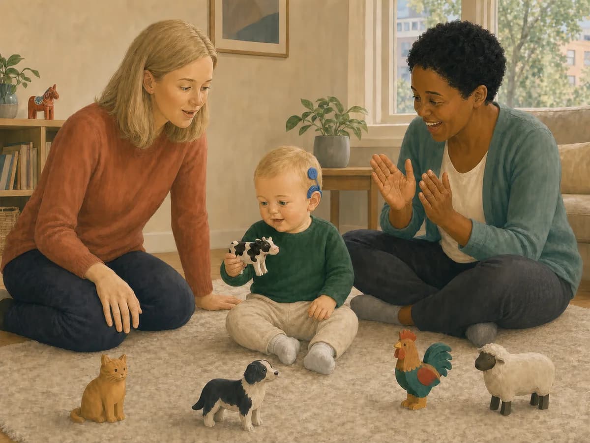 Baby Hugo, wearing cochlear implants, holds a toy cow as his mom and therapist smile.