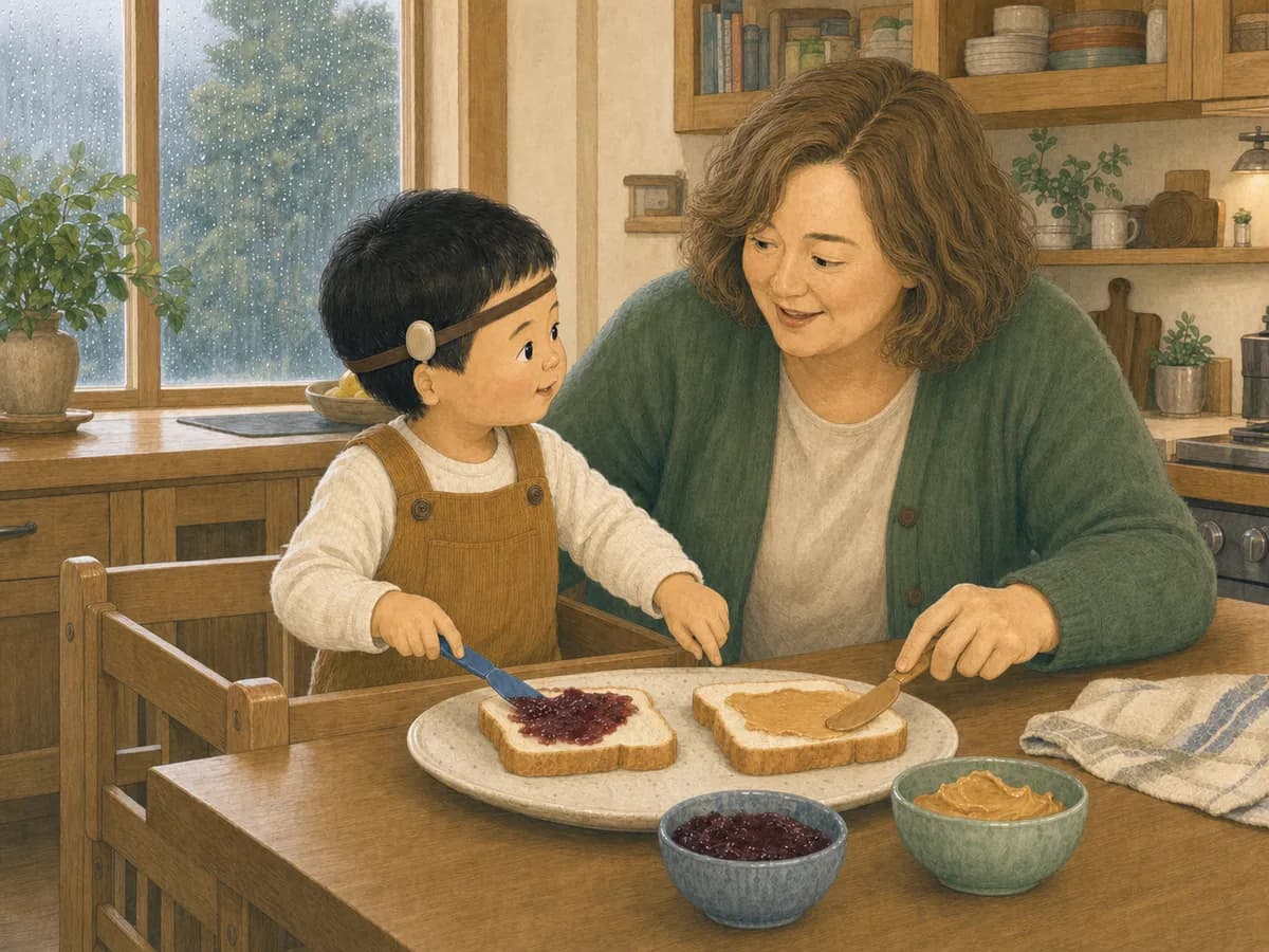 Leo, wearing a bone-conduction softband, spreads jelly on bread beside his mother.