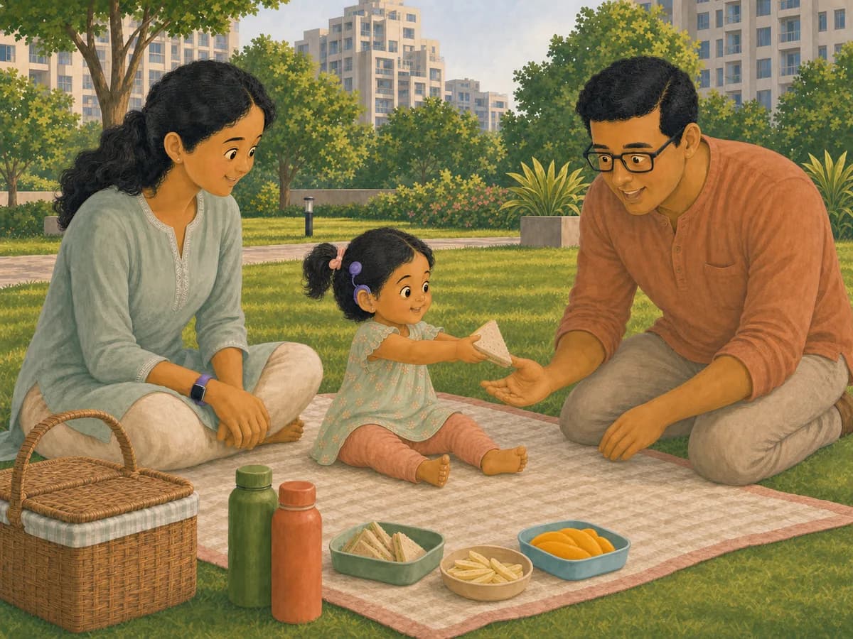 A toddler wearing a cochlear implant hands her father a sandwich at a family picnic in the park while her mother looks on.