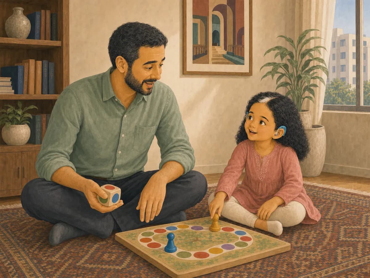 Yasmin, wearing bilateral turquoise hearing aids, plays a board game with her father.