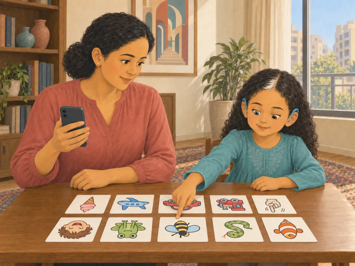 Yasmin, wearing bilateral turquoise hearing aids, points to a picture card beside her mother.