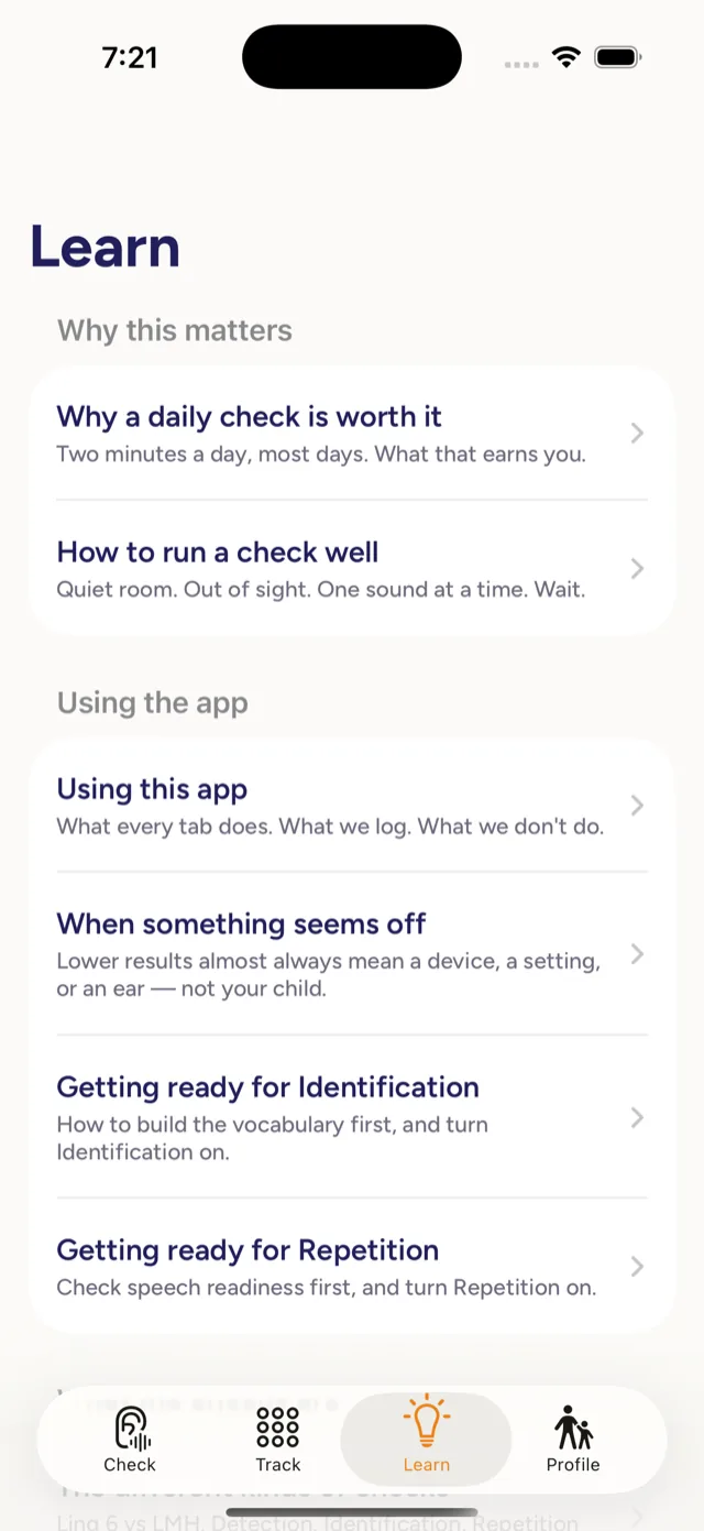 The Learn tab, with short lessons on why daily checks matter and how to run one well.