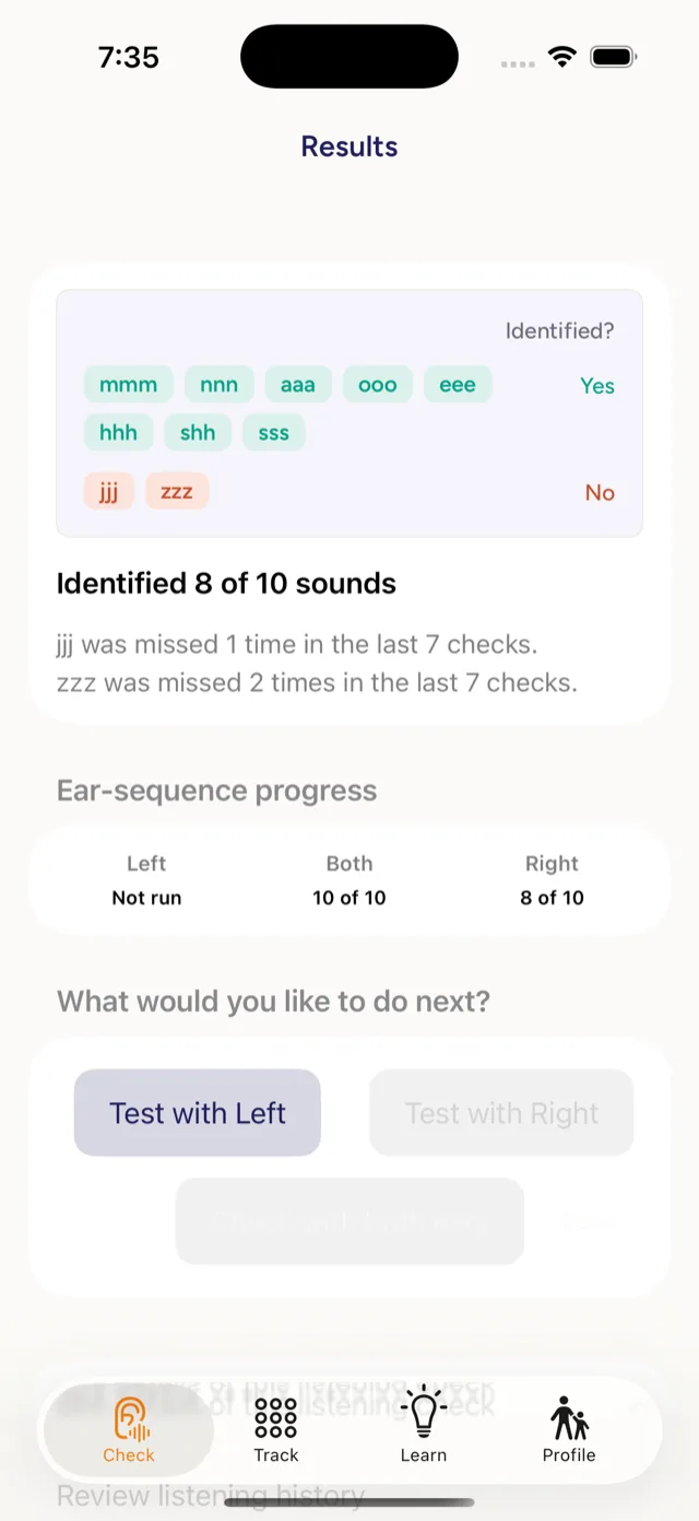 A results screen showing 8 of 10 sounds identified, per-sound misses, and ear-sequence progress.